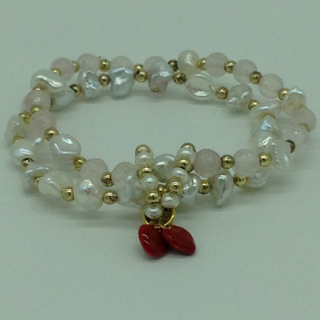 White Kudkal Baroque Pearls With Rose Quartz Semi Beeds 2 Layers Elastic Bracelet JBG0186