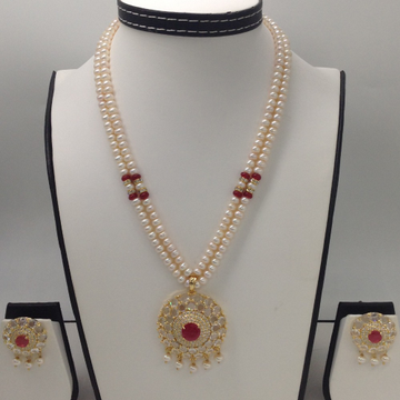 White And Red CZ Pendent Set With 2 Line Flat Pearls Mala JPS0278