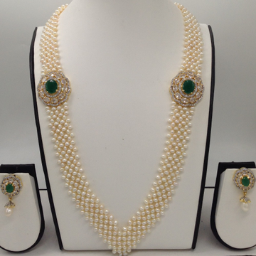 White And Green CZ Broach Set With Seed "V" Jali Pearls Mala JPS0199