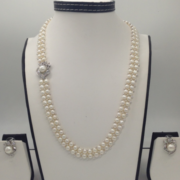 White CZ And Pearls Broach Set With 2 Line Button Jali Pearls Mala JPS0227