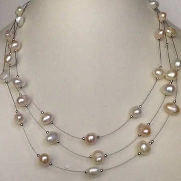 white pink potato pearls 3 layers wire necklace JPM0185