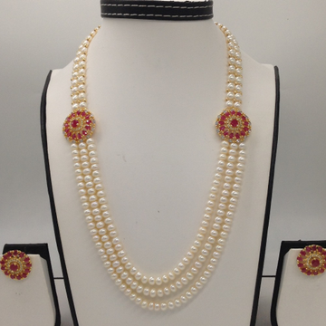 Red And White CZ Broach Set With 2 Line Button Jali And 3 Line Flat Pearls Mala JPS0358