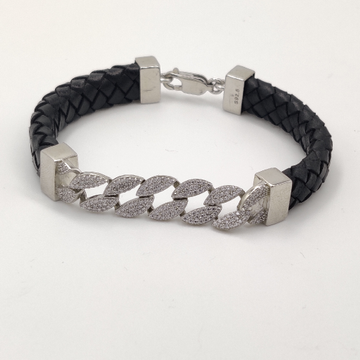 Silver leather deals bracelet mens