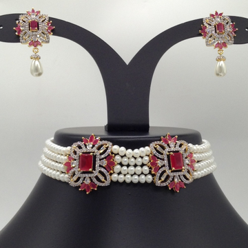 White And Red CZ Choker Set With 4 Line Flat Pearls Mala JPS0519