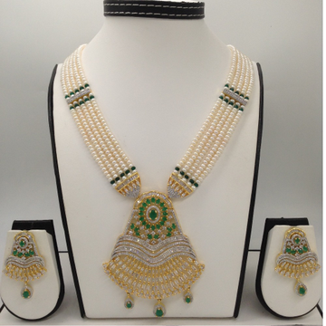 White;green cz ranihaar set with 5 lines flat pearls jps0484