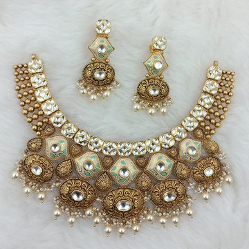 916 Gold Antique Bikaneri Meena Work Necklace Set by Ranka Jewellers