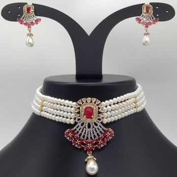 White and red cz choker set with 4 line flat pearls mala jps0515