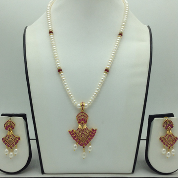 Red Cz Pendent Set With 1 Line White Pearls Mala JPS0807