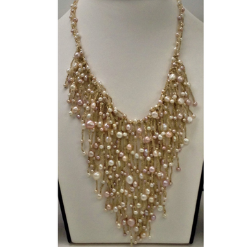 Freshwater white and pink potato pearls fancy jhalar necklace