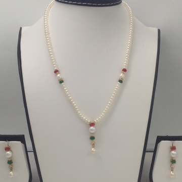 Tri Colour CZ And Pearl Pendent Set With Flat Pearls Mala JPS0115
