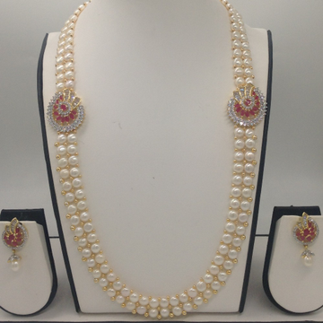 White And Red CZ Broach Set With 2 Line Button Jali Pearls Mala JPS0219