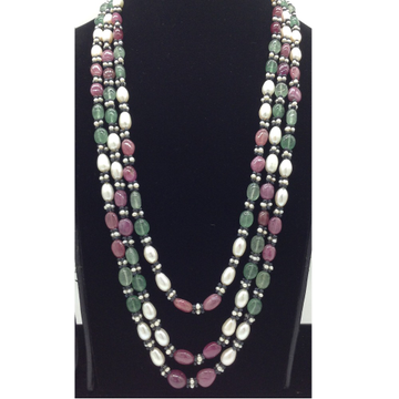 White Oval Pearls with Red,Green Beeds 3 Layers Mala JPM0522