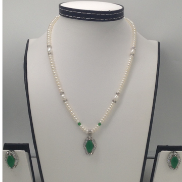 White CZ And Green Jade Pendent Set With Flat Pearls Mala JPS0120