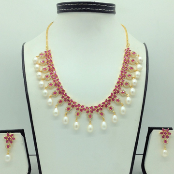 White and red cz stones and tear drop pearls necklace set jnc0145