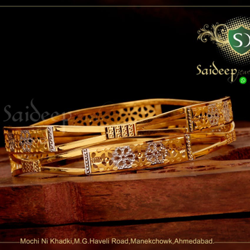 916 CZ Gold Hallmark Classic Flower Design Bangle  by Saideep Jewels