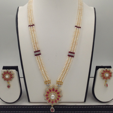 Red, white cz rani haar set with 3 line seed pearls jps0418