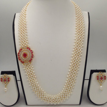 White And Red CZ Broach Set With Seed "U" Jali Pearls Mala JPS0372