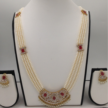 White;red cz ranihaar set with 4 lines flat pearls jps0464