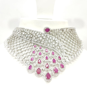 Bit work silver color choker with ruby necklace se...