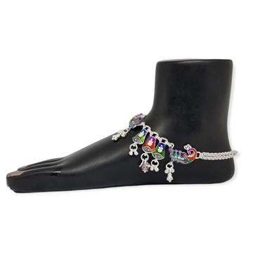 Silver peacock meenakari payal mga - pls3980
