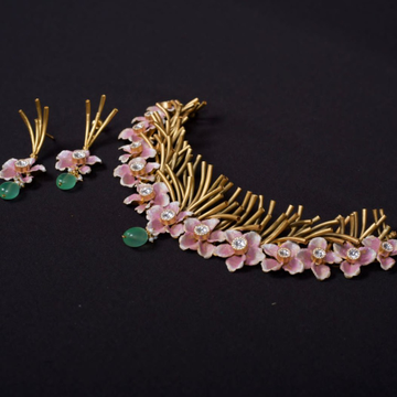gold pink flower necklace set by 