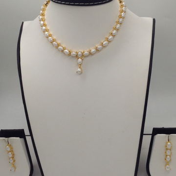 Freshwater white oval button pearls necklace set jnc0032
