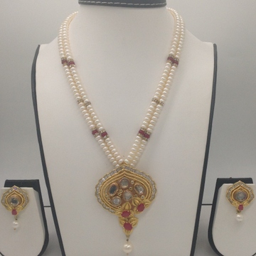 White, red cz pendent set with 2 line flat pearls mala jps0343