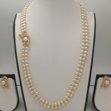 White CZ And Pearls Broach Set With 2 Line Button Jali Pearls Mala JPS0218