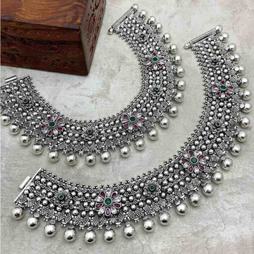antique 925 silver cut stone studded Payal by Veer Jewels