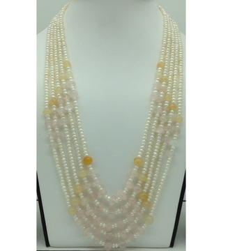 white pearls with pink quartz 5 layers necklace jpm0380