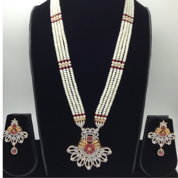 White;red cz rani haar set with 4 lines flat pearls jps0446