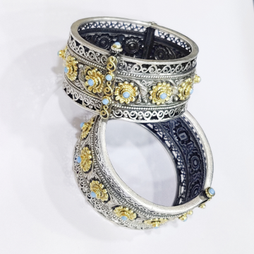 925 Silver Antique Oxidise And Gold Plated Kada Wi... by Veer Jewels
