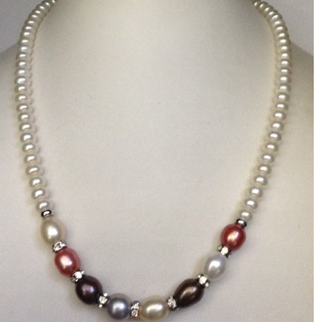 white flat pearls mala with multicolour pearls and cz chakri JPM0239