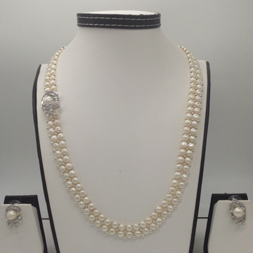 White cz and pearls broach set with 2 line button jali pearls mala jps0226