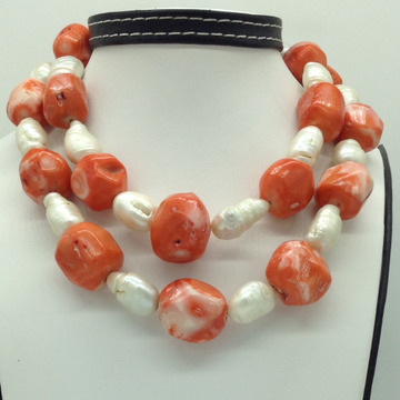 White Oval Baroque Pearls With Coral Drums Necklace JPM0388