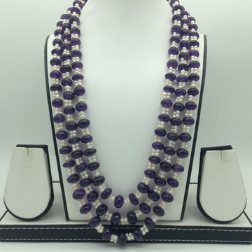 Natural Amethyst Round Beeds and Pearls 3 Line Necklace JSS0188