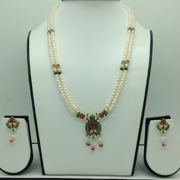 Green,Red CZ Pendent Set With 2 Line Flat Pearls Mala JPS0744