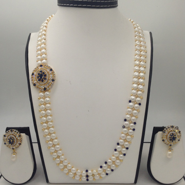 White And Blue CZ Broach Set With 2 Line Button Jali Pearls Mala JPS0220