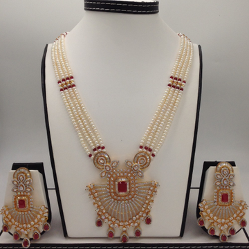 White;red cz ranihaar set with 4 lines flat pearls jps0455