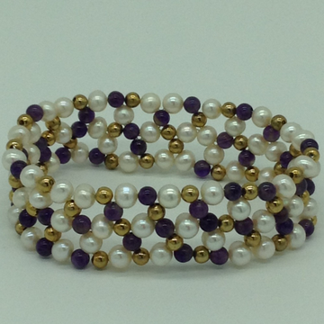 White Round Pearls With Amethyst And Golden Jaco Balls Jali Elastic Bracelet JBG0194