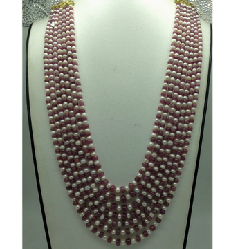White Flat Pearls with Red Rubies Beeds 7 Layers Mala JPM0510