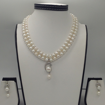White CZ And Pearls Pendent Set With 2 Line Button Jali Pearls Mala JPS0251
