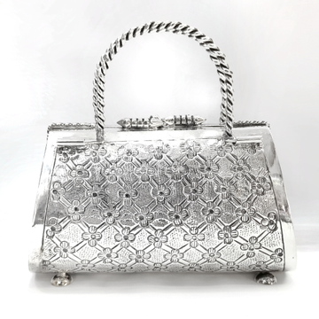 Pure Silver Purse With Handle In Fine Carvings