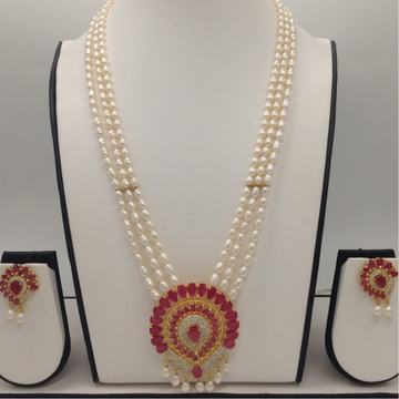 Red,White CZ Pendent Set With 3 Line Oval Pearls Mala JPS0416