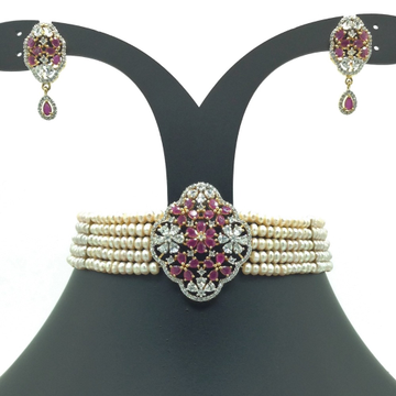 White And Red CZ  Choker Set With 5 Line Pink Pearls Mala JPS0565