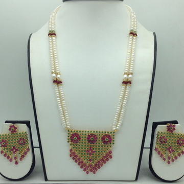 Red,Green Cz Pendent Set With 2 Line White Pearls Mala JPS0843