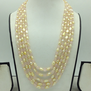 Yellow Kudkal Pearls with Pink Quartz Beeds 5 Layers Mala JPM0504