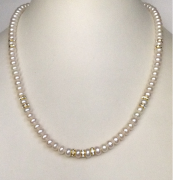 Freshwater white flat pearls strand with cz chakri JPM0093