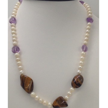 Freshwater White Potato Pearls Mala With Faceted Amethyst And Tigerstone Tumbles JPM0257