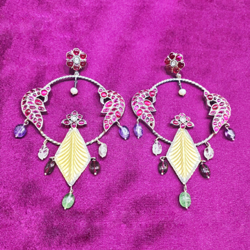 Pure Silver Leaf Drop Temple Fusion Earrings with...